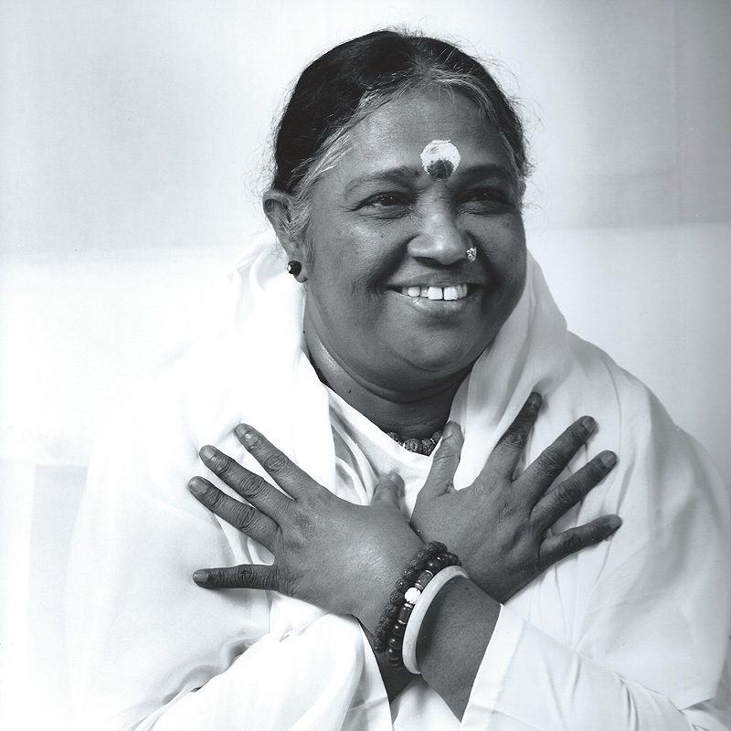 Black and white photography of Amma Amaritanandamayi